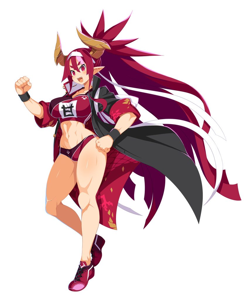 breasts clenched_hand coat demon_girl demon_horns disgaea disgaea_rpg dragon_print female full_body harada_takehito headband higan_zesshousai highres horns large_breasts long_hair makai_senki_disgaea_7 multicolored_hair muscular muscular_female navel non-web_source oerba_yun_fang open_clothes open_coat photoshop_(medium) pink_hair pointy_ears ponytail red_eyes red_hair shoes slit_pupils sneakers solo teeth track_suit transparent_background two-tone_hair upper_teeth_only very_long_hair wristband