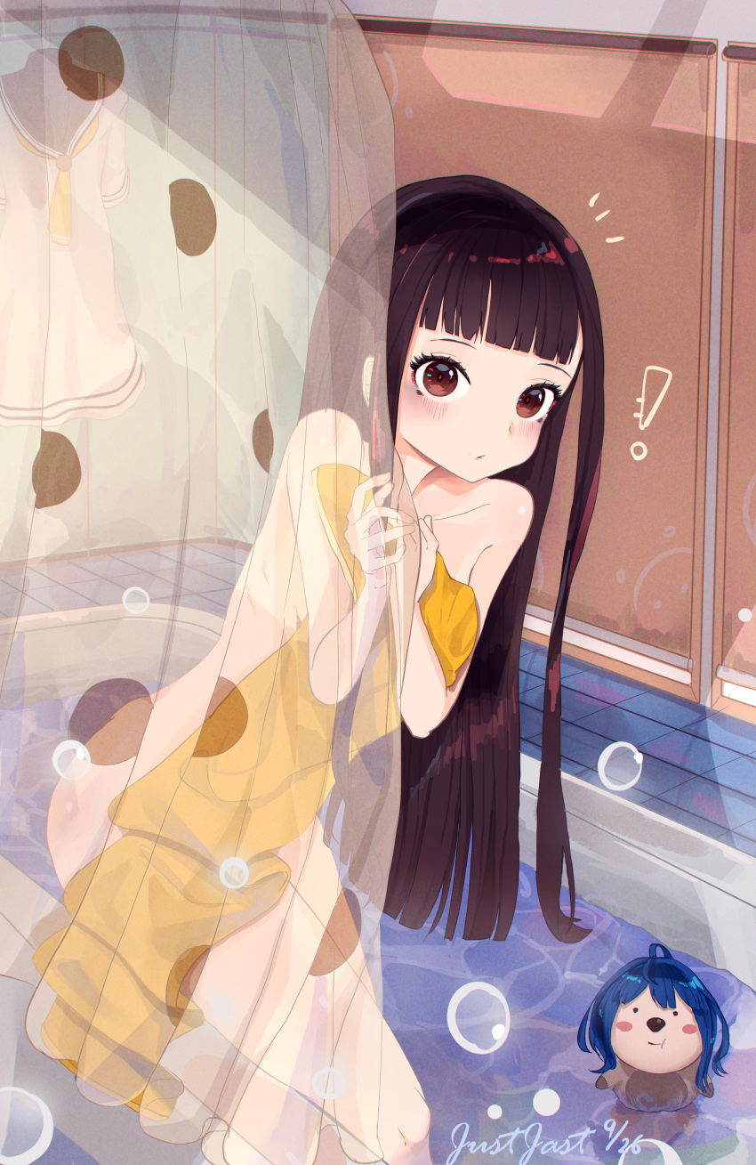 ! absurdres bathing bathroom bathtub black_hair blush brown_eyes chibi covering_privates dated female highres indoors justjast looking_at_viewer make_heroine_ga_oo_sugiru! nude nude_cover nukumizu_kaju otter_girl signature straight_hair tile_floor tiles towel yanami_anna