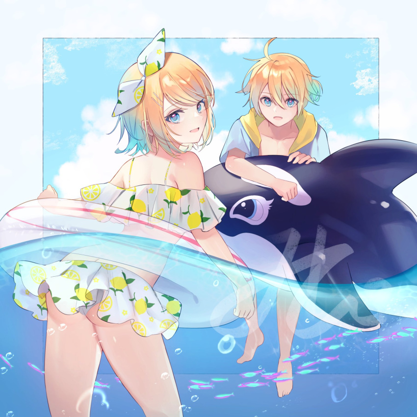 1boy ahoge air_bubble back bare_shoulders bikini blonde_hair blue_eyes blue_sky bow brother_and_sister bubble cloud female frilled_bikini frills fruit_print hairbow highres holding holding_swim_ring hood hoodie inflatable_orca inflatable_toy innertube kagamine_len kagamine_rin lemon_print looking_at_viewer looking_back median_furrow midriff mipi narrow_waist open_mouth partially_submerged school_of_fish short_hair short_ponytail siblings sky smile spaghetti_strap swept_bangs swim_ring swimsuit twins vocaloid yellow_hood