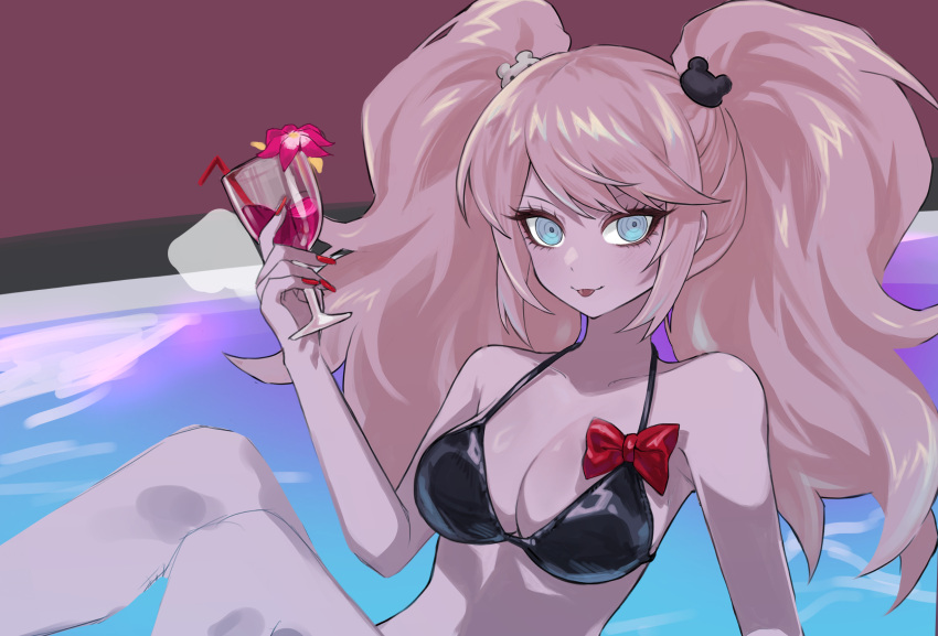 :p bear_hair_ornament big_hair bikini black_bikini blonde_hair blue_eyes blush bow breasts cleavage collarbone commentary cup danganronpa_(series) danganronpa_s:_ultimate_summer_camp enoshima_junko eyelashes female glass hair_ornament highres holding holding_cup hy_(fjvlg) in_water large_breasts pool red_bow sexually_suggestive shiny_clothes smile swimsuit symbol-only_commentary tongue tongue_out twintails unfinished water