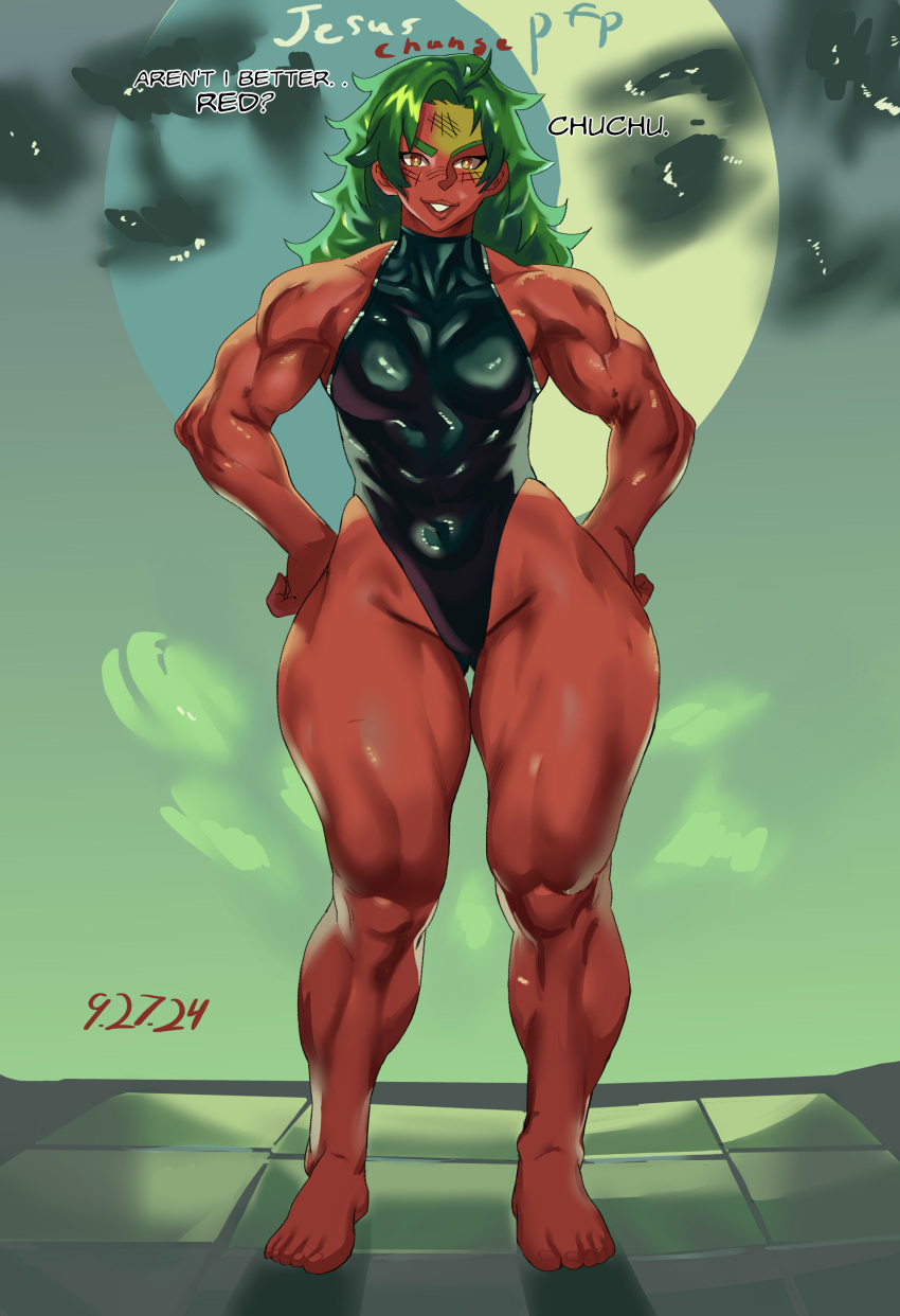 absurdres barefoot betty_ross black_leotard bottomless colored_skin english_text green_background green_hair highres leotard marvel marvel_comics muscular muscular_female non-web_source red_she-hulk red_skin self-upload smirk wide_hips yellow_eyes