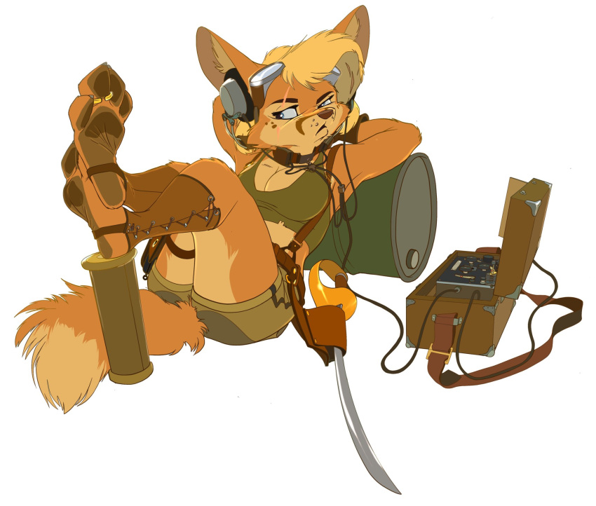 anthro biped blue_eyes bottomwear breasts canid canine clothed clothing cutlass digit_ring dipstick_tail electronics eye_scar facial_scar feet female fennec_fox fox foxer421 fully_clothed_anthro fur gold_toe_ring hair hands_behind_head headgear headphones hi_res hindpaw jewelry legs_up lying mammal markings melee_weapon oil_drum on_back orange_body orange_fur paws reclining ring scar shorts simple_background sitting solo sword tail tail_markings toe_ring toes true_fox weapon white_background wrinkled_feet wrinkles