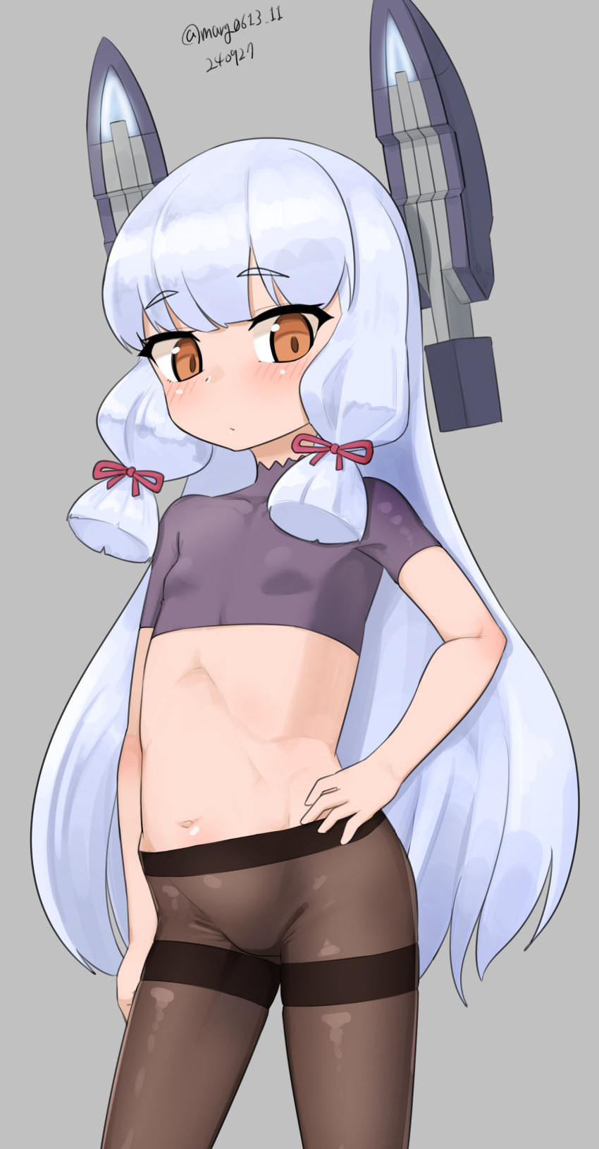 absurdres black_pantyhose blue_hair brown_eyes contrapposto female flat_chest floating_headgear grey_background grey_undershirt hand_on_own_hip headgear highres kantai_collection light_blue_hair maru_(marg0613) midriff murakumo_(kancolle) navel one-hour_drawing_challenge pantyhose simple_background solo thighband_pantyhose turtleneck