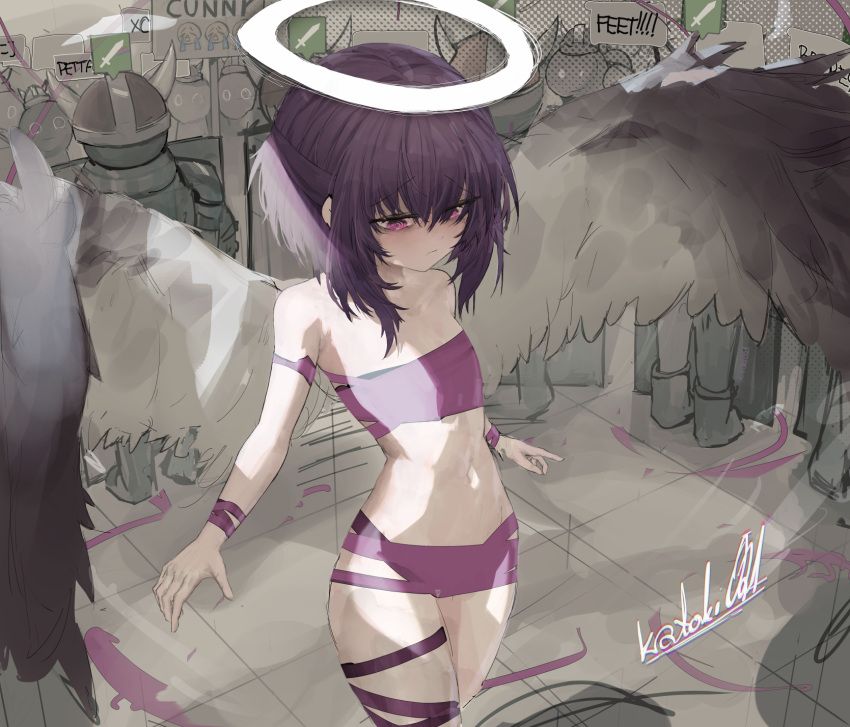 @_@ artist_name bags_under_eyes bandeau black_hair closed_mouth crying_emoji emoji fake_horns fallenshadow female helmet highres horned_helmet horns indie_virtual_youtuber katoki021 leg_ribbon midriff naked_ribbon navel purple_eyes purple_ribbon ribbon thigh_ribbon virtual_youtuber wings wrist_ribbon