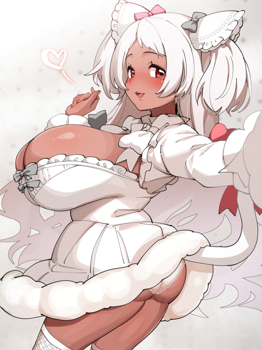 ass ayagi_daifuku blush bow breasts cleavage commentary cowboy_shot dark-skinned_female dark_skin dress female from_side fur-trimmed_dress fur_trim grey_bow heart highres huge_breasts indie_virtual_youtuber large_breasts long_hair looking_at_viewer nekobuki_kemuri open_mouth outstretched_arm panties pink_bow red_bow red_eyes solo spoken_heart tail tail_bow tail_ornament two_side_up underwear virtual_youtuber white_dress white_hair white_panties