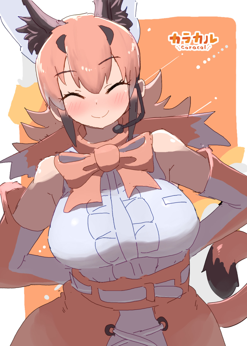 animal_ears belt bow bowtie breasts caracal_(kemono_friends) cat_ears cat_girl cat_tail closed_eyes elbow_gloves extra_ears female gloves highres kemono_friends kemono_friends_v_project large_breasts long_hair looking_at_viewer microphone nishuu_miri orange_background orange_hair shirt simple_background skirt sleeveless sleeveless_shirt solo tail virtual_youtuber