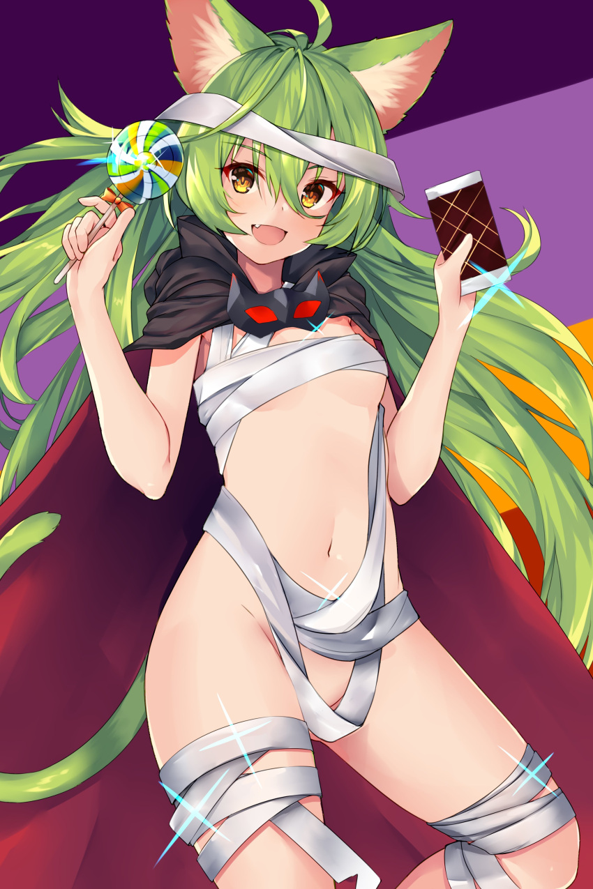 absurdres animal_ears bandages black_cape breasts candy cape cat_ears cat_girl cat_tail female food green_hair highres holding holding_candy holding_food holding_lollipop kida_kuro_mu lollipop long_hair navel saval_(sennen_sensou_aigis) sennen_sensou_aigis small_breasts stomach swirl_lollipop tail very_long_hair