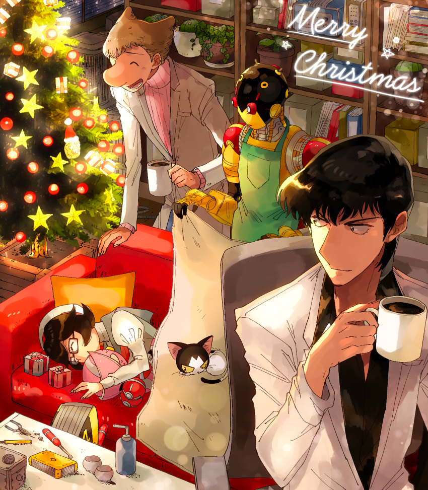 2boys a106 a107 apron atom:_the_beginning big_nose black_eyes black_hair blanket brown_hair chair christmas christmas_tree closed_eyes coffee couch cup f14_(tetsuwan_atom) feline female formal gift glasses hat highres indoors iyo_(kurumiwarin) merry_christmas mug multiple_boys ochanomizu_hiroshi ochanomizu_ran on_couch ornament pillow plant pliers potted_plant screwdriver shelf short_hair sleeping standing star_(symbol) suit tenma_umatarou