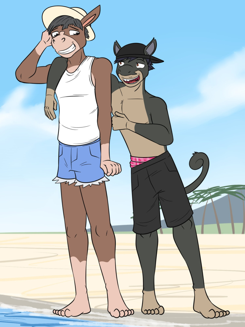 3:4 alolan_form alolan_rattata anthro anthrofied arm_around_shoulders backwards_baseball_cap backwards_hat barefoot baseball_cap beach black_bottomwear black_clothing black_shorts bottomwear clothed clothing cutoffs daisy_dukes denim denim_bottomwear denim_clothing duo feet furgonomics fuze generation_7_pokemon hat headgear headwear hi_res hotpants looking_at_another male male/male mudbray nintendo outside pattern_clothing pattern_underwear plaid plaid_clothing plaid_underwear pokemon pokemon_(species) pokemorph regional_form_(pokemon) sagging_pants seaside shirt shorts sun_hat tank_top topless topwear underwear white_clothing white_shirt white_tank_top white_topwear