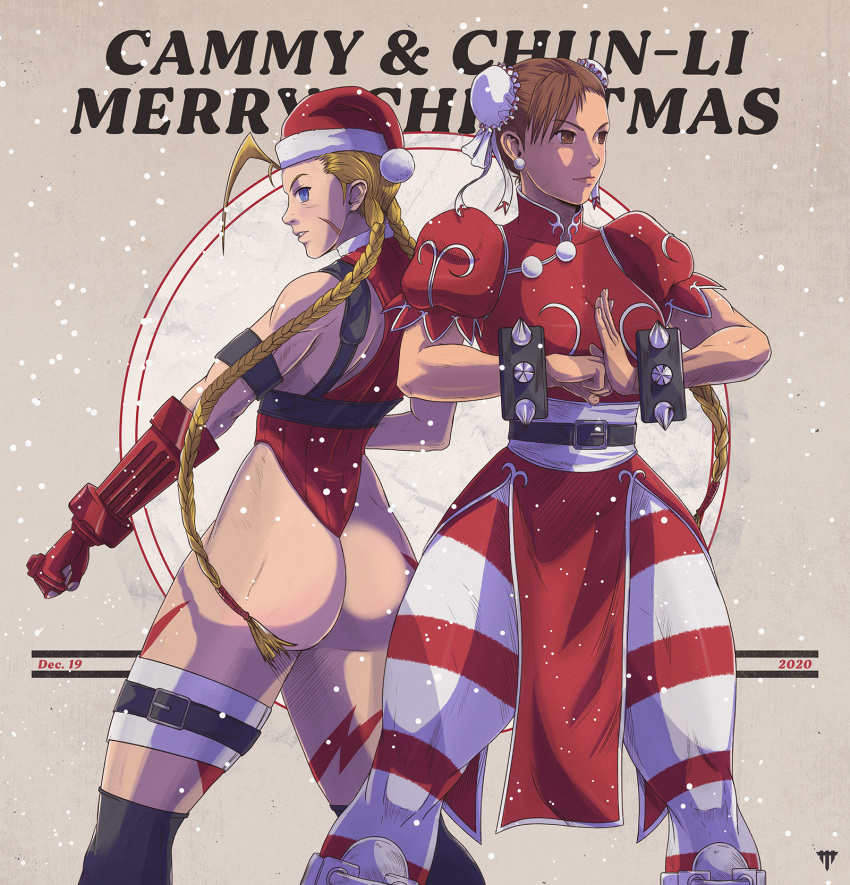 2020 2girls ahoge alternate_color ass back-to-back beret black_legwear blonde_hair blue_eyes bodypaint boots bracelet braid breasts brown_eyes brown_hair bun_cover cammy_white character_name china_dress chinese_clothes christmas chun-li clenched_hand commentary cowboy_shot cross-laced_footwear double_bun dress earrings english_commentary fighting_stance fingerless_gloves gloves hair_bun harness hat highres huge_ahoge jewelry jhony_caballero knee_boots lace-up_boots leotard long_braid long_hair medium_breasts merry_christmas multiple_girls over-kneehighs palm-fist_greeting pantyhose pelvic_curtain red_dress red_gloves red_legwear ribbed_leotard santa_hat sash scar scar_on_cheek scar_on_face short_hair snowing spiked_bracelet spikes standing street_fighter street_fighter_v striped_clothes striped_pantyhose thick_thighs thigh_strap thighhighs thighs thong_leotard twin_braids two-tone_legwear white_footwear white_legwear