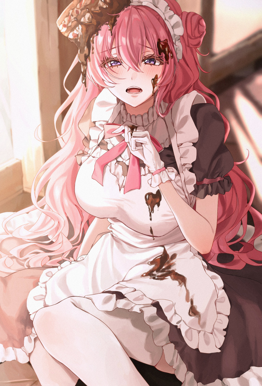 accident amatoku_yua amyu_(amm_asl_pa) apron bad_id bad_pixiv_id black_dress breasts cake chocolate chocolate_on_clothes chocolate_on_face curly_hair dress etoiles fallen_down feet_out_of_frame female food food_on_clothes food_on_face food_on_hair furrowed_brow gloves highres indoors large_breasts long_hair looking_at_viewer looking_up maid maid_apron maid_headdress on_ground open_mouth pink_hair pink_ribbon purple_eyes ribbon short_sleeves sitting solo thighhighs very_long_hair virtual_youtuber white_apron white_gloves white_thighhighs