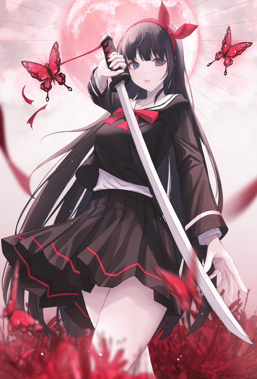 absurdres animal bad_id bad_twitter_id black_hair black_serafuku black_shirt black_skirt blurry bow bowtie bug butterfly depth_of_field female flower full_moon hair_ribbon highres holding holding_sword holding_weapon katana kongsi long_hair long_sleeves looking_at_viewer miniskirt moon neck_ribbon original parted_lips pleated_skirt purple_eyes red_bow red_bowtie red_butterfly red_flower red_moon red_ribbon red_theme ribbon sailor_collar school_uniform serafuku shirt shirt_overhang skirt solo spider_lily standing sword undershirt undershirt_peek very_long_hair weapon