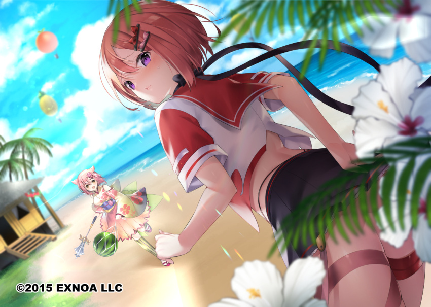 2girls beach black_bow blurry blurry_foreground blush bob_cut bow chocolate_cosmos_(flower_knight_girl) cosmos_(flower_knight_girl) day dutch_angle flower flower_knight_girl food fruit hair_ornament hairclip hibiscus looking_at_viewer looking_back multiple_girls obi official_art open_mouth outdoors pink_hair purple_eyes red_hair sailor_collar sakofu sash short_hair skirt watermelon white_flower yellow_eyes