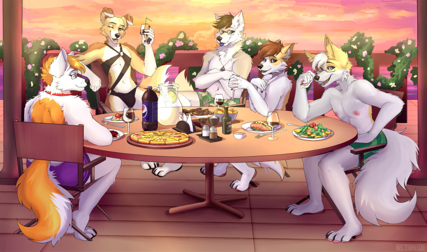 anthro beverage canid canine canis clothing daven_(dado463art) dining_table domestic_dog eyewear food glasses group hi_res jewelry krank_(character) lang_(lang_the_woof) male mammal necklace pizza round_table sabbyth salad scraps_(bigscraps) soda swimwear vacation wolf zelionka