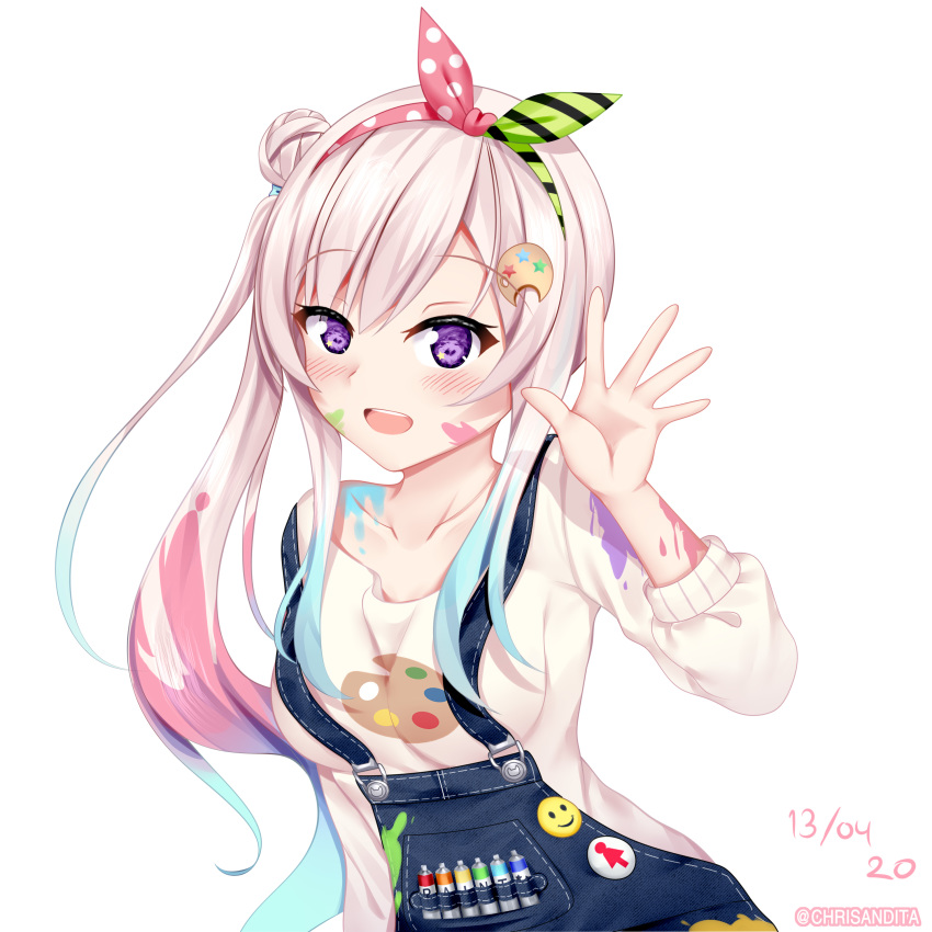 :d absurdres airani_iofifteen airani_iofifteen_(1st_costume) blue_hair blue_overalls blush breasts chrisandita collarbone commentary dated diagonal_stripes female green_hairband grey_hair hair_between_eyes hair_bun hair_ornament hairband hand_up highres hololive hololive_indonesia long_sleeves medium_breasts multicolored_hair open_mouth overalls paint_on_clothes paint_splatter paint_splatter_on_face polka_dot print_shirt purple_eyes red_hair red_hairband shirt side_ponytail simple_background single_hair_bun single_side_bun smile solo star_(symbol) star_in_eye striped symbol_in_eye teeth twitter_username upper_body upper_teeth_only virtual_youtuber white_background white_shirt