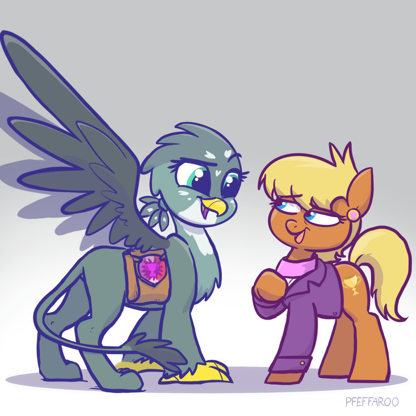 avian bag beak cutie_mark duo ear_piercing earth_pony equid equine feathered_wings feathers female friendship_is_magic gabby_(mlp) green_body green_eyes gryphon hasbro hi_res horse long_tail mammal ms._harshwhinny_(mlp) my_little_pony mythological_avian mythology open_mouth orange_body pfeffaroo piercing pony white_body wings