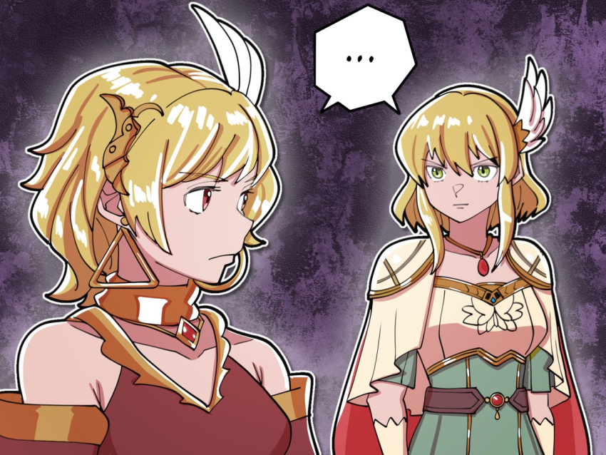 ... 2girls armor bare_shoulders blonde_hair breastplate brown_dress citrinne_(fire_emblem) commentary dress earrings fire_emblem fire_emblem:_genealogy_of_the_holy_war fire_emblem:_thracia_776 fire_emblem_engage green_dress green_eyes jewelry look-alike mnejing30 multiple_girls nanna_(fire_emblem) neck_ring red_eyes short_hair spoken_ellipsis trait_connection upper_body wing_hair_ornament