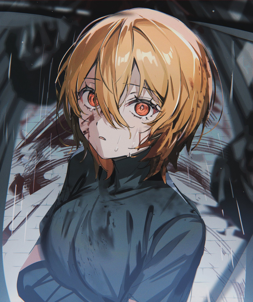 bandaged_arm bandages black_bandages black_shirt blonde_hair blood blood_on_face breasts crying crying_with_eyes_open don_quixote_(project_moon) female film_grain hair_between_eyes highres limbus_company mu46016419 orange_eyes parted_lips project_moon rain shirt short_hair short_sleeves small_breasts solo tears