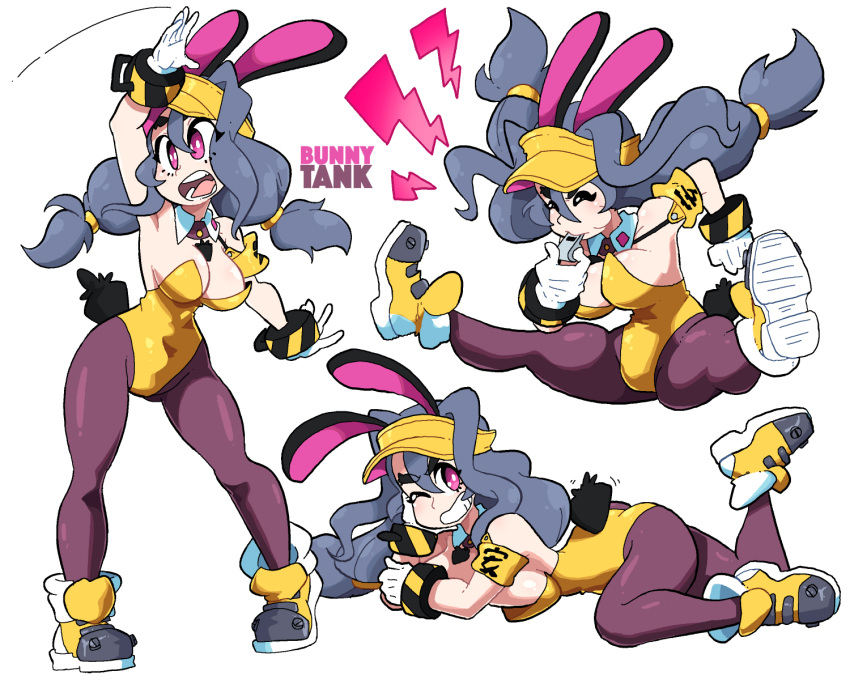 animal_ears blowing_whistle borrowed_character breasts bright_pupils cleavage detached_collar gloves grey_hair highres leotard long_hair low-tied_long_hair lying medium_breasts one_eye_closed original pantyhose pink_eyes playboy_bunny purple_pantyhose rabbit_ears rabbit_tail scott_malin shoes simple_background strapless strapless_leotard tail tank_(bongfill) twintails whistle white_background white_gloves white_pupils wrist_cuffs yellow_headwear yellow_leotard