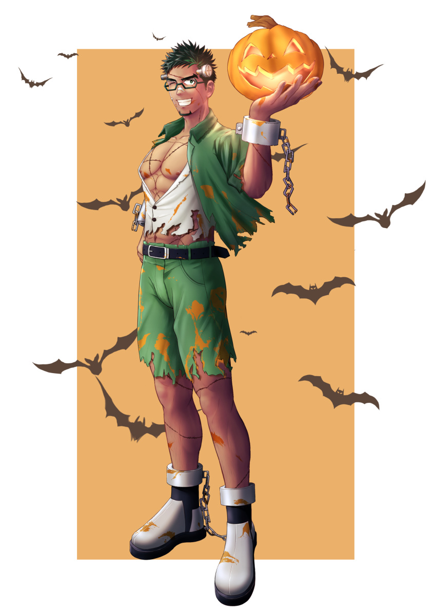 1boy abs absurdres bara bare_pectorals bat_(animal) black_hair cosplay dark-skinned_male dark_skin facial_hair frankenstein's_monster frankenstein's_monster_(cosplay) full_body goatee green-framed_eyewear green_hair green_shorts halloween halloween_costume highres jack-o'-lantern jacket kyoichi_(live_a_hero) live_a_hero male_focus midriff_peek multicolored_hair ninomiya_reisui_(chieh_ren) nipples open_clothes open_jacket open_shirt pants pectorals shirt short_hair shorts solo streaked_hair toned toned_male torn_clothes torn_pants torn_shirt white_shirt