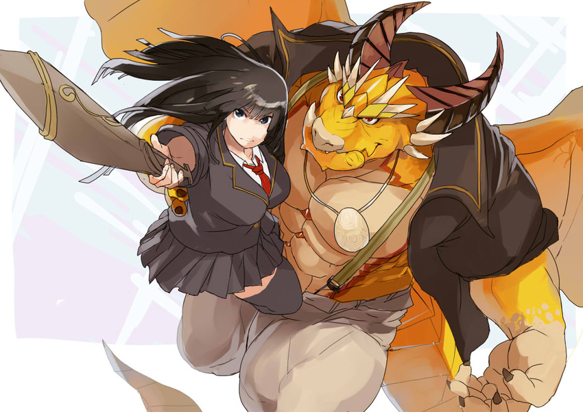 1boy abs bara bare_pectorals black_hair breasts commentary_request dragon_boy dragon_horns dragon_tail female fighting_stance flying gakuran grey_pants grey_skirt holding holding_sword holding_weapon horns jacket jewelry kamado023 large_pectorals long_hair muscular muscular_male necklace necktie open_clothes open_jacket ophion_(housamo) pants pectorals pointing_sword pointing_weapon protagonist_2_(housamo) red_eyes scales school_uniform serious skirt stomach sword tail thick_thighs thighs tokyo_afterschool_summoners weapon wooden_sword yellow_wings