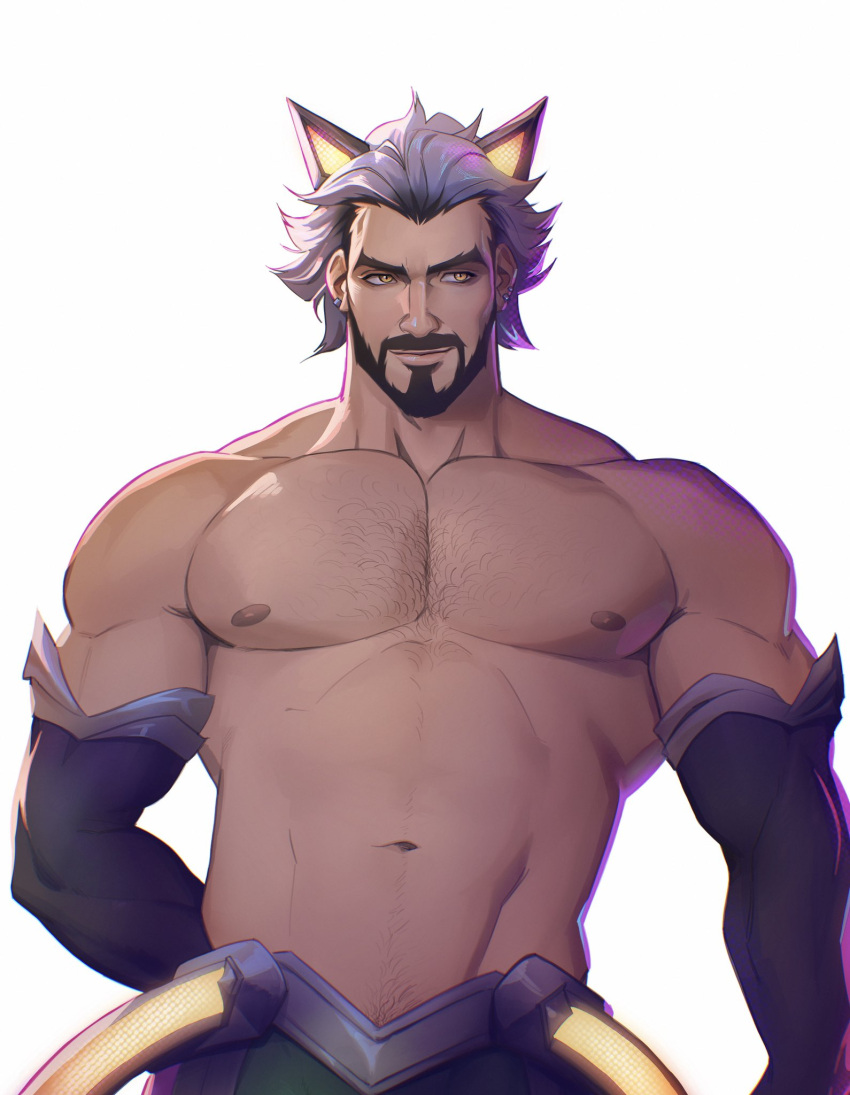 1boy animal_ears bad_id bad_twitter_id bara battle_wolf_sylas beard biceps black_hair broad_shoulders cat_ears chest_hair ear_piercing earrings elbow_gloves facial_hair gloves hairy highres inactive_account jewelry league_of_legends looking_to_the_side male_focus manly mature_male moustache muscular muscular_male navel navel_hair nipples official_alternate_costume pectorals piercing plump seupil_hyugo_(spirohugo) smile solo sylas_(league_of_legends) thick_arms thick_eyebrows topless_male white_hair wolf_ears yellow_eyes