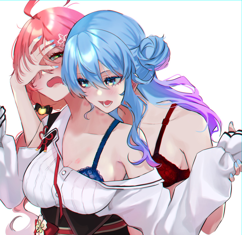 2girls ahoge aqua_hair aqua_nails bite_mark blue_bra blue_eyes blue_hair bra breasts flower gradient_hair green_eyes hair_between_eyes hair_bun hair_flower hair_ornament half-closed_eyes hand_on_another's_face highres holding_another's_wrist hololive hoshimachi_suisei large_breasts long_hair long_sleeves looking_at_another micomet_(hololive) multicolored_hair multiple_girls nail_polish off_shoulder official_alternate_costume pink_hair purple_hair red_bra saco_(cgmore) sakura_miko sakura_miko_(casual) shirt simple_background single_hair_bun single_side_bun twintails underwear virtual_youtuber white_background white_shirt yuri