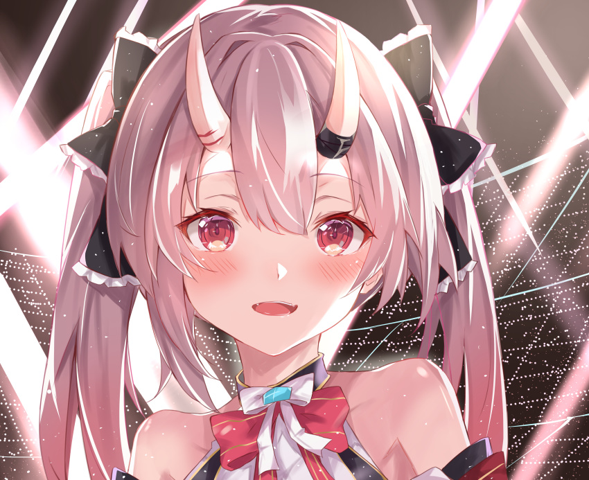 :d absurdres bare_shoulders black_bow blush bow bowtie check_commentary commentary_request fangs female frilled_bow frills gradient_hair hair_between_eyes hairbow highres hololive hololive_idol_uniform horns long_hair looking_at_viewer multicolored_hair nakiri_ayame nono_i831 oerba_yun_fang official_alternate_costume open_mouth pink_hair portrait red_bow red_bowtie red_eyes shiny_skin skin-covered_horns skin_fang smile solo virtual_youtuber white_hair