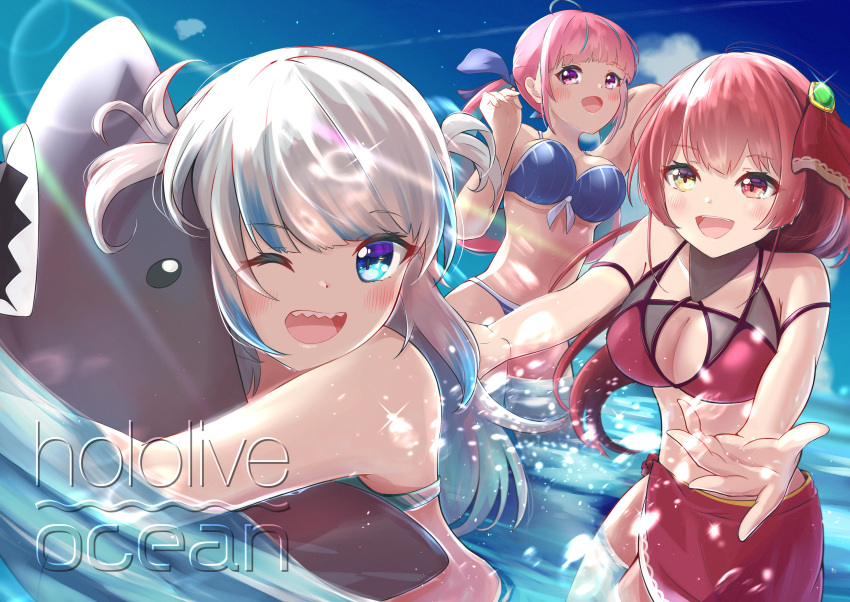 3girls ;d arm_behind_head arm_up bad_id bad_pixiv_id bare_arms bare_shoulders bikini blue_bikini blue_eyes blue_hair blue_sky breasts cleavage cloud commentary copyright_name day english_commentary gawr_gura grey_hair heterochromia highres hilamaru hololive hololive_english houshou_marine hugging_object long_hair marine_day medium_breasts minato_aqua multicolored_hair multiple_girls one_eye_closed outdoors partially_submerged pink_hair purple_eyes red_bikini red_eyes red_hair sarong sky smile standing streaked_hair swimsuit twintails very_long_hair virtual_youtuber water yellow_eyes