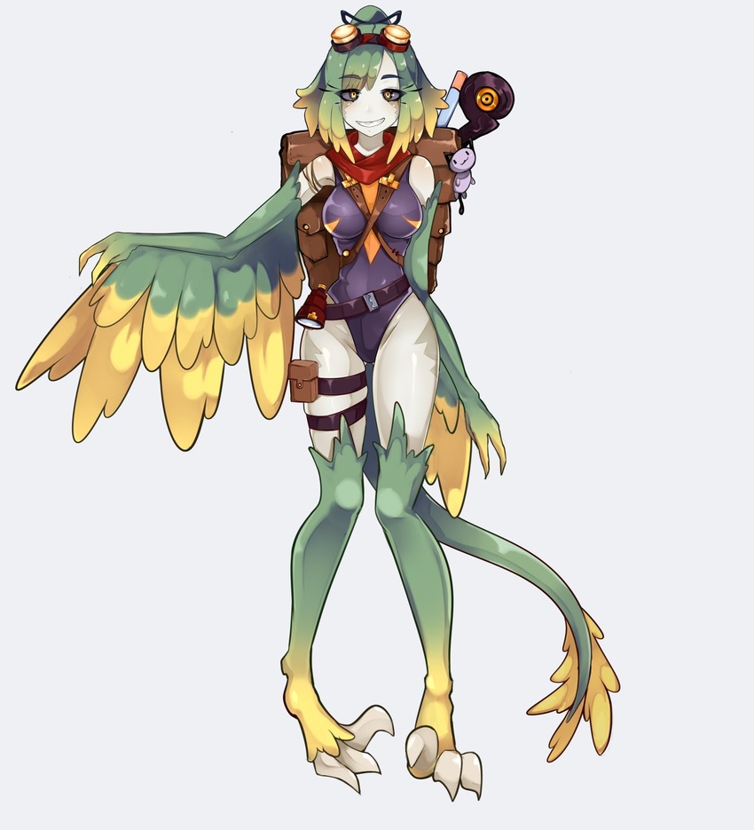 backpack bag bare_shoulders black_leotard black_sclera blonde_hair claws colored_sclera digitigrade dinosaur_girl dinosaur_tail feathered_dinosaur feathered_wings feathers female full_body goggles goggles_on_head gradient_hair green_feathers green_hair harpy high_ponytail highleg highleg_leotard highres leotard long_hair monster_girl monster_girl_island multicolored_hair partially_feathered_tail pinna_(monster_girl_island) pouch red_scarf redamz scarf sharp_teeth simple_background smile solo spyglass swept_bangs tail talons teeth thigh_pouch thigh_strap winged_arms wings yellow_eyes yellow_feathers