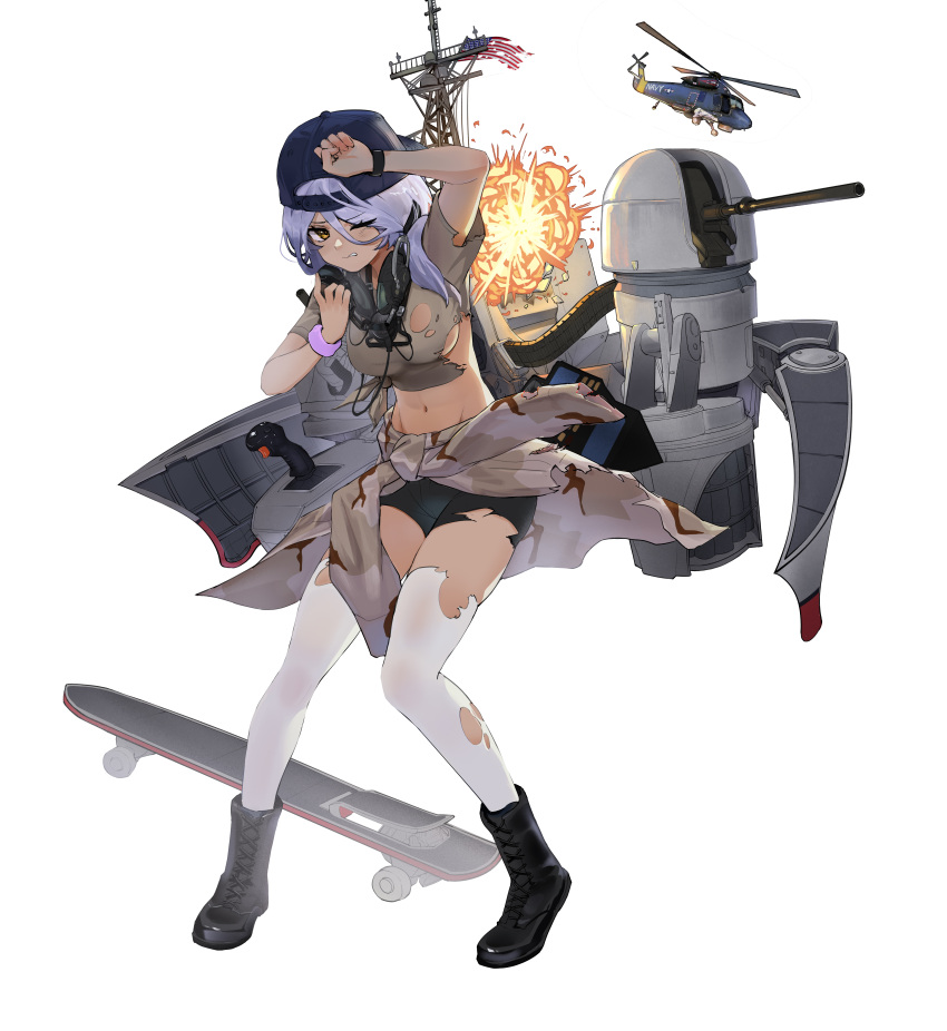 absurdres aircraft american_flag baseball_cap bike_shorts black_footwear black_shorts blue_hat boots breasts brown_shirt cannon chinese_commentary clothes_around_waist commentary dark-skinned_female dark_skin explosion female full_body hat helicopter highres jacket jacket_around_waist kaman_sh2_seasprite machinery military military_vehicle navel one_eye_closed original personification phalanx_ciws purple_hair ship shirt short_sleeves shorts skateboard small_breasts solo standing thighhighs tied_shirt torn_bike_shorts torn_clothes torn_jacket torn_shirt torn_thighhighs turret tuziki_sang united_states_navy uss_stark_(ffg-31) warship watercraft white_thighhighs yellow_eyes