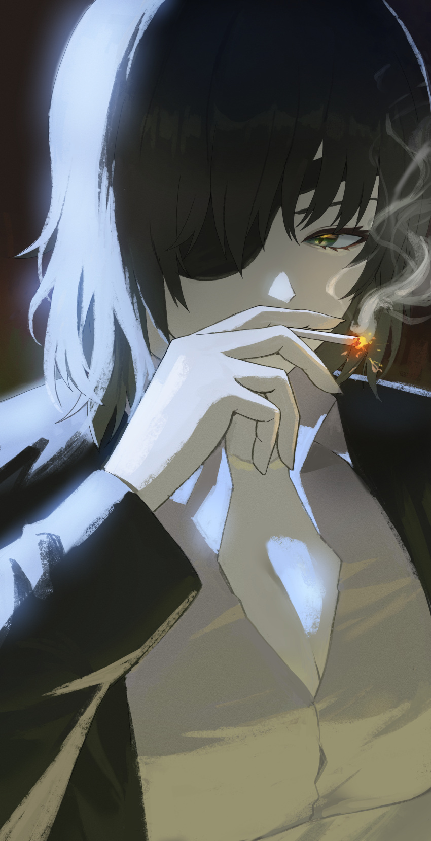 absurdres black_hair black_jacket breasts chainsaw_man cigarette cleavage collared_shirt eyepatch female green_eyes highres himeno_(chainsaw_man) holding holding_cigarette jacket looking_at_viewer oro_(lsg0624) shirt short_hair smoke smoking solo white_shirt