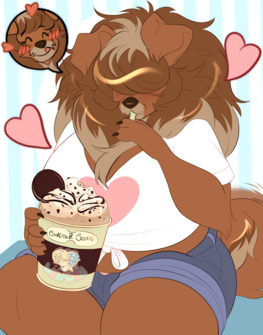 anthro big_breasts bottomwear breasts canid canine canis clothed clothing cookie domestic_dog ears_up eating_ice_cream female ferwanwan fluffy food hair hair_over_eyes heart_symbol hi_res huge_breasts juno_(charliecorvinus) livestock_guardian_dog mammal molosser mountain_dog pastoral_dog raised_tail shirt shorts slightly_chubby slightly_chubby_female solo spoon_in_mouth tail thick_thighs tibetan_mountain_dog tied_shirt topwear