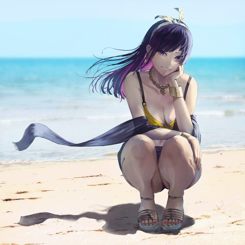 absurdres bare_shoulders beach bikini blue_sky bow bracelet breasts cleavage day diagonal_bangs earrings female gold_necklace hairbow hand_on_own_cheek hand_on_own_face highres idolmaster idolmaster_shiny_colors jewelry long_hair looking_at_viewer medium_breasts minyom nail_polish necklace outdoors purple_eyes purple_hair sand sash shore sky slippers squatting swimsuit tanaka_mamimi thighs water yellow_bikini