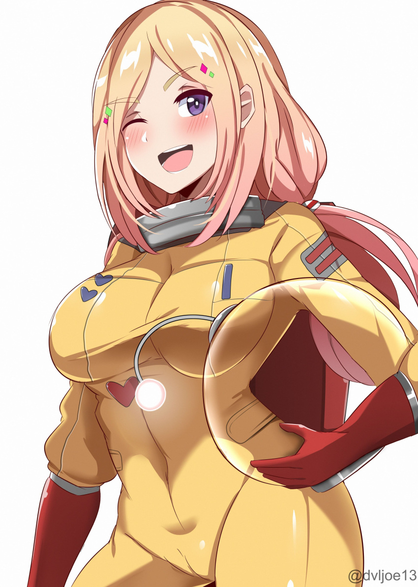 absurdres aki_rosenthal blonde_hair blush bodysuit breasts cameltoe cosplay covered_navel dvljoe female gloves gradient_hair hair_ornament heart helmet highres hololive multicolored_hair olimar olimar_(cosplay) one_eye_closed open_mouth pikmin_(series) pink_hair purple_eyes red_gloves solo space_helmet twitter_username unworn_headwear unworn_helmet virtual_youtuber yellow_bodysuit