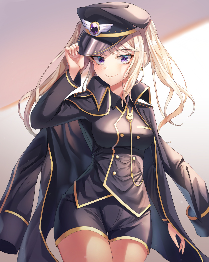 absurdres black_jacket black_shirt black_shorts female highres jacket long_hair looking_at_viewer maplestory orchid_(maplestory) progameer789 purple_eyes shirt shorts solo thighs twintails