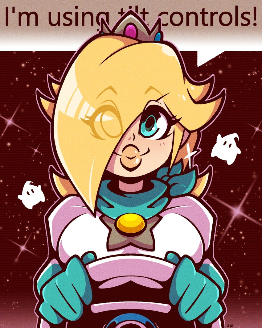 1girls 2others adorable bandana big_breasts big_lips bimbo blonde_hair blue_eyes clothed clothing cute earrings eyebrows_visible_through_hair galaxy hair_over_one_eye huge_breasts legendofnerd luma mario_(series) mario_kart motorcycle_suit nintendo princess_rosalina steering_wheel thick_lips wholesome wiimote