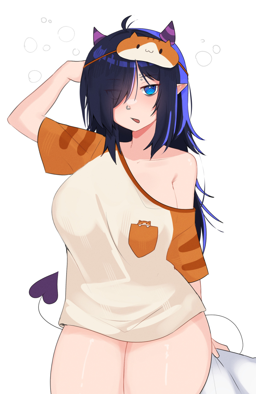 ahoge arm_up bare_legs black_hair blue_eyes breasts collarbone cowboy_shot demon_girl demon_horns demon_tail eyebrow_piercing female hair_over_one_eye highres holding holding_pillow horns indie_virtual_youtuber large_breasts long_hair looking_at_viewer nose_piercing nyaivie open_mouth oversized_clothes piercing pillow pointy_ears raven_lenore shiny_skin shirt short_sleeves simple_background single_off_shoulder solo squeans striped_horns tail thighs virtual_youtuber white_background