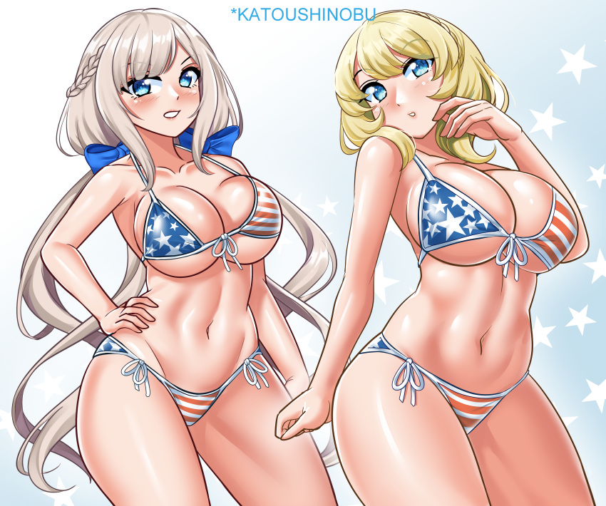 2girls absurdres alternate_costume american_flag american_flag_bikini american_flag_print bikini blonde_hair blue_bow blue_eyes bow braid breasts cleavage colorado_(kancolle) crown_braid dated flag_print front-tie_bikini_top front-tie_top hairbow highres kantai_collection katou_shinobu large_breasts light_brown_hair long_hair low_twintails maryland_(kancolle) multiple_girls navel print_bikini short_hair side-tie_bikini_bottom side_braids solo swimsuit twintails twitter_username very_long_hair