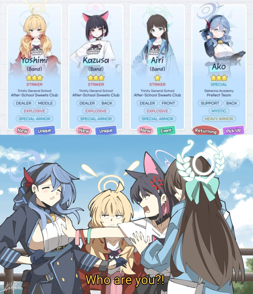 4girls :/ airi_(band)_(blue_archive) airi_(blue_archive) ako_(blue_archive) anger_vein angry animal_ears aqua_halo aqua_ribbon bell black_gloves black_hair black_hairband black_jacket blonde_hair blue_archive blue_hair blue_halo blue_jacket blue_sky blush breasts brown_hair buttons cat_ears cat_tail closed_mouth clothes_around_waist cloud colored_inner_hair commentary double-breasted ear_piercing english_commentary english_text extra_ears fazni_frye gloves hair_ribbon hairband halo hand_on_another's_chest hand_up hands_up highres jacket jacket_around_waist kazusa_(band)_(blue_archive) kazusa_(blue_archive) large_breasts long_hair long_sleeves looking_at_another multicolored_hair multiple_girls neck_bell open_clothes open_jacket open_mouth outdoors piercing pink_hair pink_skirt red_eyes red_jacket red_ribbon ribbon screenshot_inset shirt short_hair sideboob sideless_shirt signature skirt sky t-shirt tail white_shirt yellow_halo yoshimi_(band)_(blue_archive) yoshimi_(blue_archive)