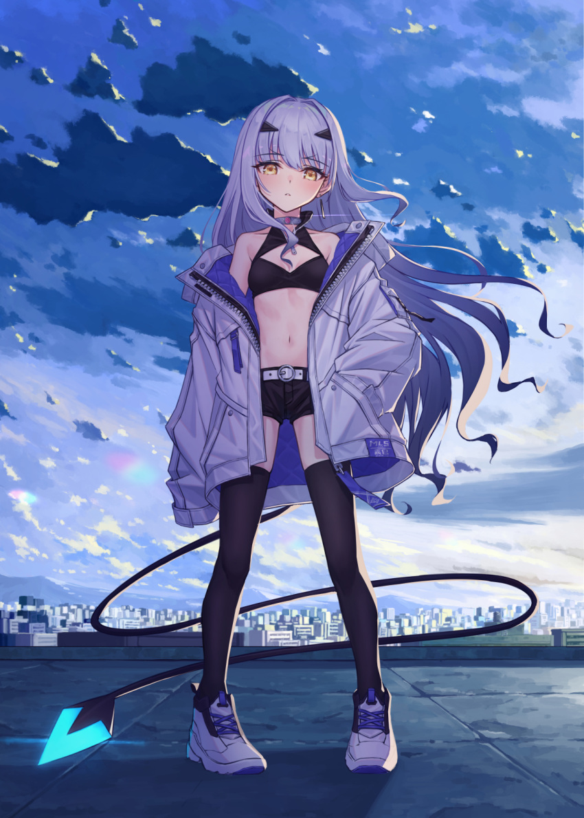 bare_shoulders breasts fate/grand_order fate_(series) female forked_eyebrows full_body hand_in_pocket highres hoodier jacket long_hair looking_at_viewer melusine_(fate) outdoors shoes shorts sidelocks small_breasts sneakers solo sports_bra standing tail white_hair yellow_eyes