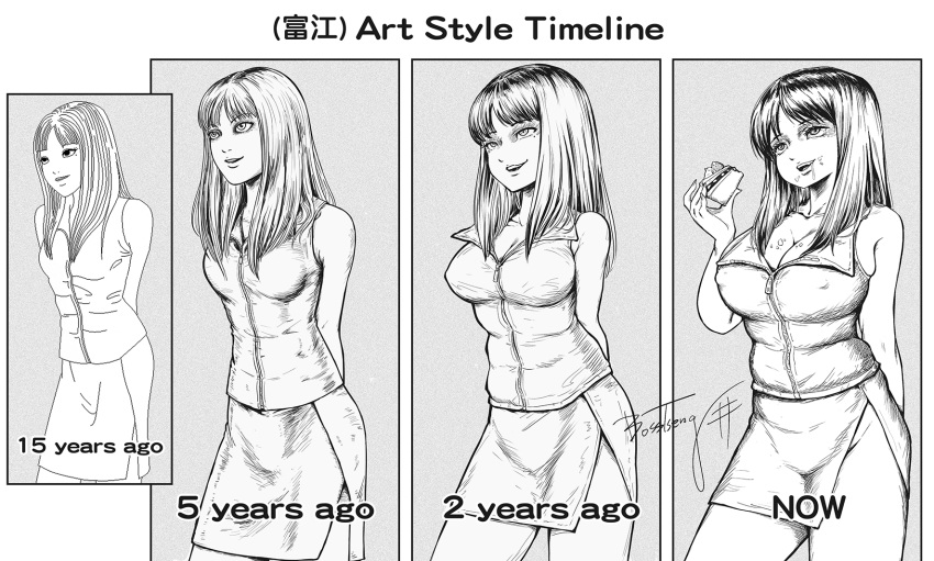 arm_behind_back arms_behind_back artist_progress bosstseng breasts cake cleavage clip_studio_paint_(medium) commentary_request covered_nipples drooling female food food_on_face greyscale groin highres holding holding_food kawakami_tomie large_breasts medium_breasts miniskirt mole mole_under_eye monochrome photoshop_(medium) side_slit signature skirt small_breasts tomie weight_gain