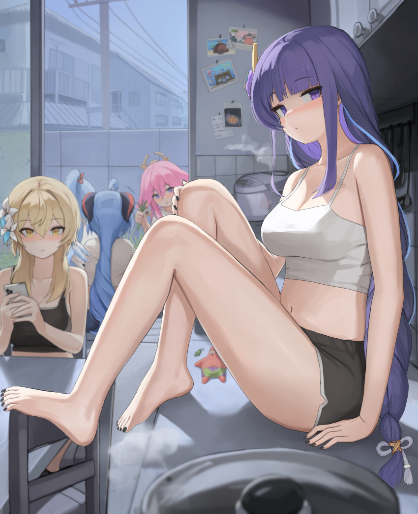 +++ 5girls absurdres ahoge alternate_costume bare_legs bare_shoulders barefoot black_camisole black_horns black_nails black_shorts black_sports_bra blonde_hair blue_hair blush breasts camisole casual cellphone character_doll cleavage closed_mouth collarbone commentary contemporary desk dolphin_shorts dolri embarrassed feet flower ganyu_(genshin_impact) genshin_impact goat_horns hair_between_eyes hair_flower hair_ornament hand_on_own_knee high_ponytail highres holding holding_grass holding_phone horns indoors kamisato_ayaka knees_up large_breasts legs long_hair looking_at_viewer low-braided_long_hair low-tied_long_hair lumine_(genshin_impact) midriff multicolored_hair multiple_girls nail_polish navel on_desk patrick_star phone pink_hair ponytail purple_eyes purple_hair raiden_shogun rice_cooker sheldon_j._plankton shirt short_hair_with_long_locks shorts sitting smartphone smile solo_focus spongebob_squarepants spongebob_squarepants_(series) sports_bra stomach streaked_hair toenail_polish toenails toes very_long_hair white_camisole white_flower white_shirt yae_miko yellow_eyes