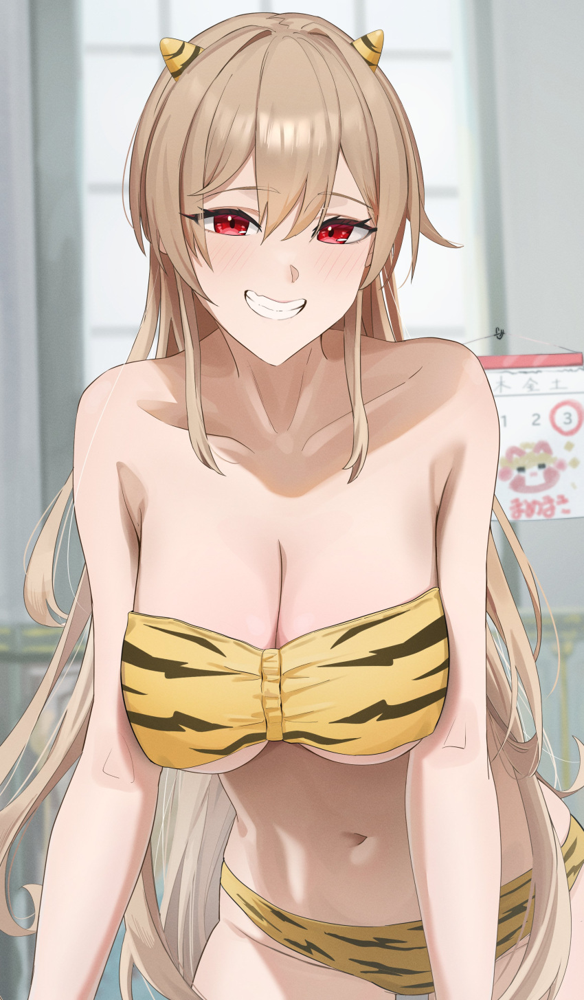 absurdres animal_print bikini blush breasts brown_hair cleavage commentary_request cosplay fake_horns female furen_e_lustario grin hair_between_eyes highres hikaruyusi horns large_breasts long_hair looking_at_viewer lum lum_(cosplay) navel nijisanji print_bikini red_eyes smile solo standing swimsuit teeth tiger_print urusei_yatsura virtual_youtuber yellow_bikini