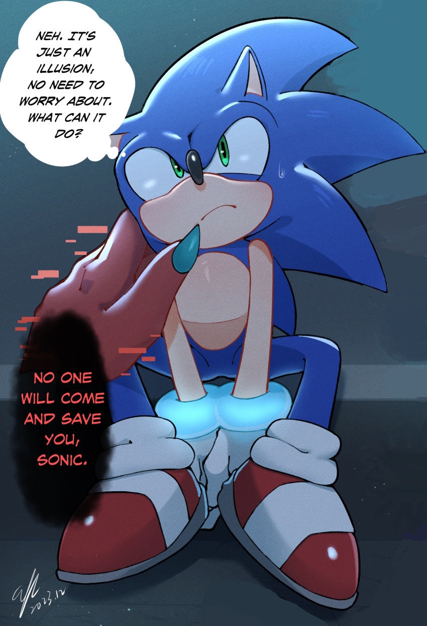 2023 anthro blue_body blue_fur bondage dialogue duo green_eyes hedgehog illusion imprisoned indoors inside kosafordraw male mobian_(species) prison prisoner sega sitting sonic_(series) sonic_forces sonic_the_hedgehog sonic_the_hedgehog_(series) speech_bubble sweat zavok zeti