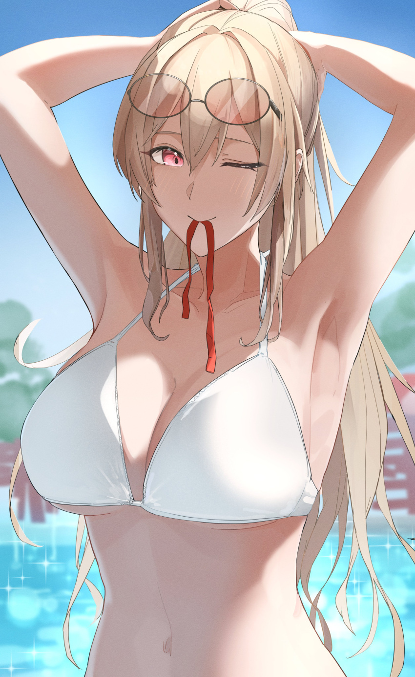 ;) absurdres armpits arms_up bikini blue_sky blush breasts brown_hair cleavage closed_mouth commentary_request day eyewear_on_head female furen_e_lustario hair_between_eyes hair_tie_in_mouth highres hikaruyusi large_breasts long_hair looking_at_viewer mouth_hold navel nijisanji one_eye_closed orange-tinted_eyewear red_eyes red_ribbon ribbon ribbon_in_mouth sky smile solo sunglasses swimsuit tinted_eyewear tying_hair upper_body virtual_youtuber white_bikini