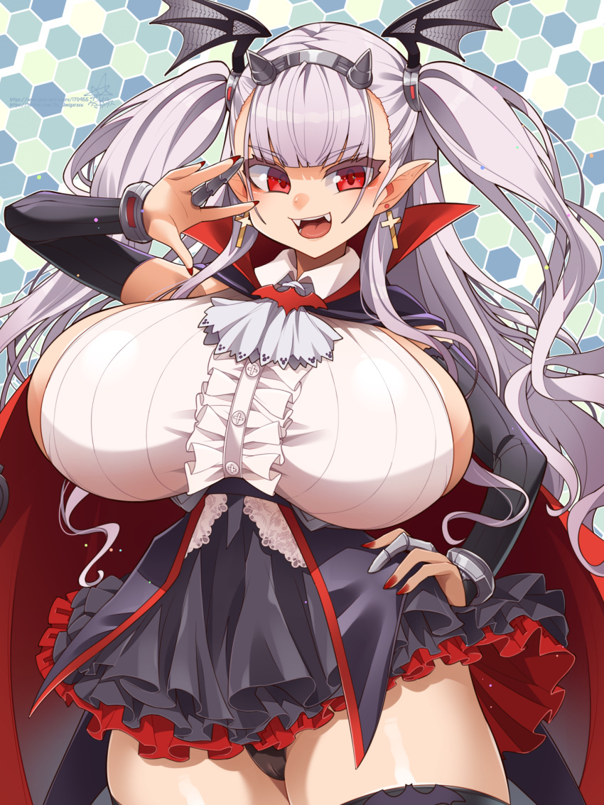 black_panties black_skirt black_thighhighs black_wings breasts cowboy_shot cross cross_earrings draculina_(last_origin) earrings fangs female hand_on_own_hip head_wings highres horns huge_breasts jewelry last_origin long_hair looking_at_viewer miniskirt nail_polish necktie open_mouth panties pantyshot pointy_ears red_eyes red_necktie sideboob skirt smile solo thighhighs twintails umigarasu_(kitsune1963) underwear very_long_hair white_hair wings