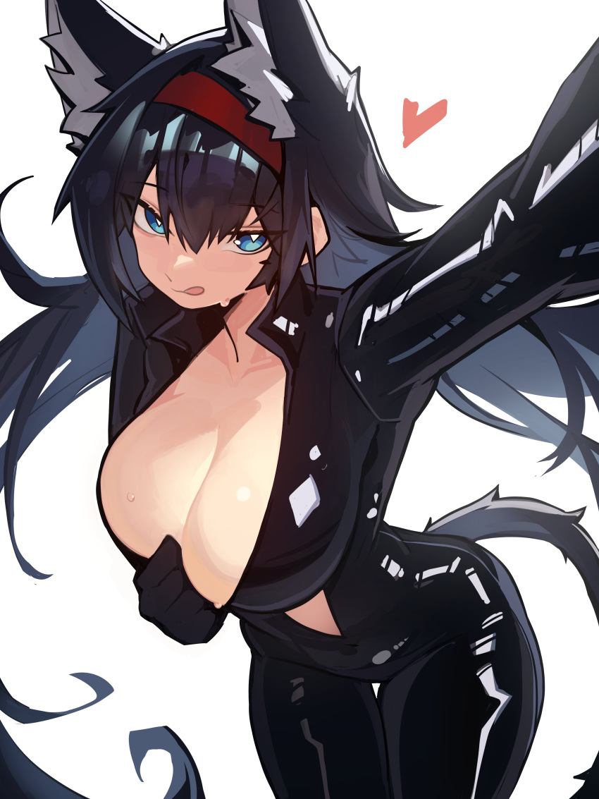 :q absurdres animal_ear_fluff animal_ears arknights black_bodysuit black_hair blaze_(arknights) blue_eyes bodysuit breasts bright_pupils cat_ears cat_tail cleavage commentary cowboy_shot distr female hairband heart highres large_breasts long_hair looking_at_viewer red_hairband simple_background solo standing tail thighs tongue tongue_out very_long_hair white_background white_pupils