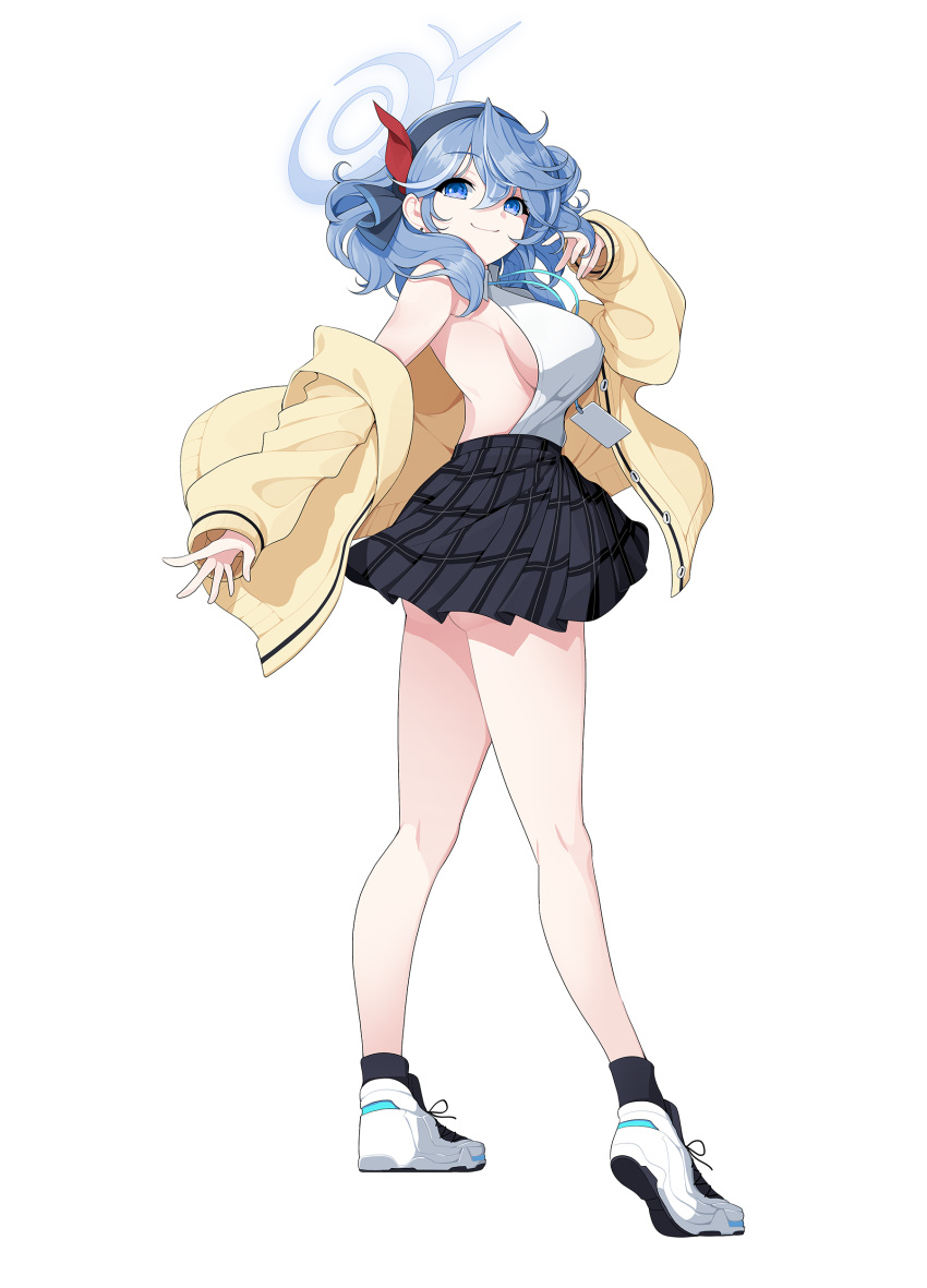 absurdres ako_(blue_archive) bare_legs bare_shoulders black_skirt blue_archive blue_eyes blue_hair breasts cardigan closed_mouth commentary_request cosplay female full_body halo highres kneepits koflif lanyard large_breasts looking_at_viewer miniskirt nonomi_(blue_archive) nonomi_(blue_archive)_(cosplay) pleated_skirt shirt shirt_tucked_in shoes sideboob sideless_outfit simple_background skirt smile sneakers solo twisted_torso white_background white_shirt yellow_cardigan