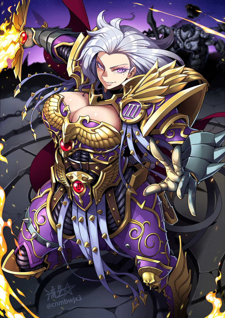 armor breasts cape cleavage cleavage_cutout clothing_cutout decapitation female flaming_sword flaming_weapon fulgrim gauntlets genderswap_(mtf) gold_trim grey_hair highres holding holding_sword holding_weapon large_breasts long_hair mole mole_under_eye purple_armor purple_eyes red_cape roman_numeral rule_63 ryuusei_(mark_ii) signature spiked_armor sword twitter_username warhammer_40k weapon